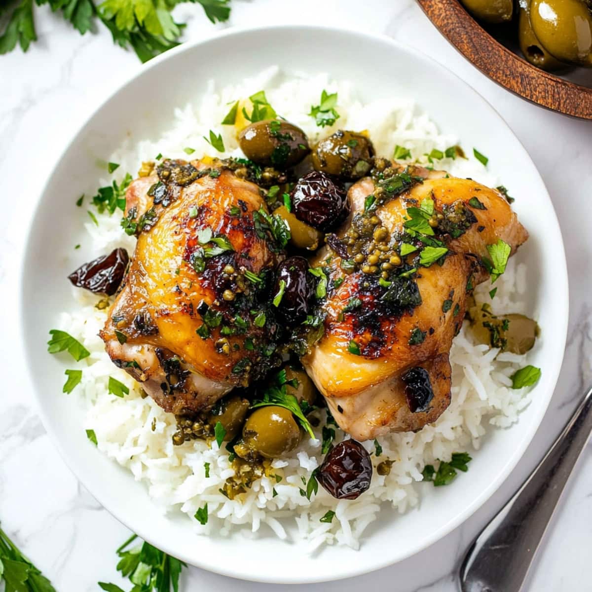 A plate of chicken marbella, served with rice.