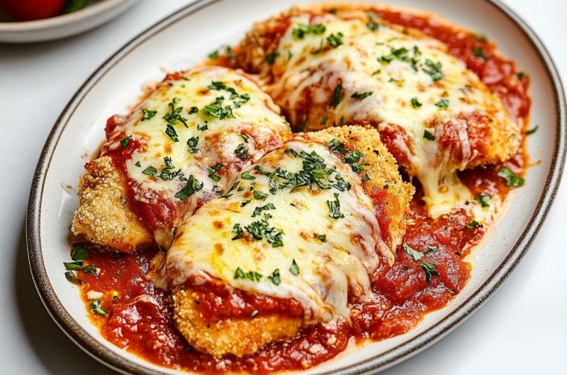 Crisp golden-brown chicken parmesan in a platter on a white marble table.