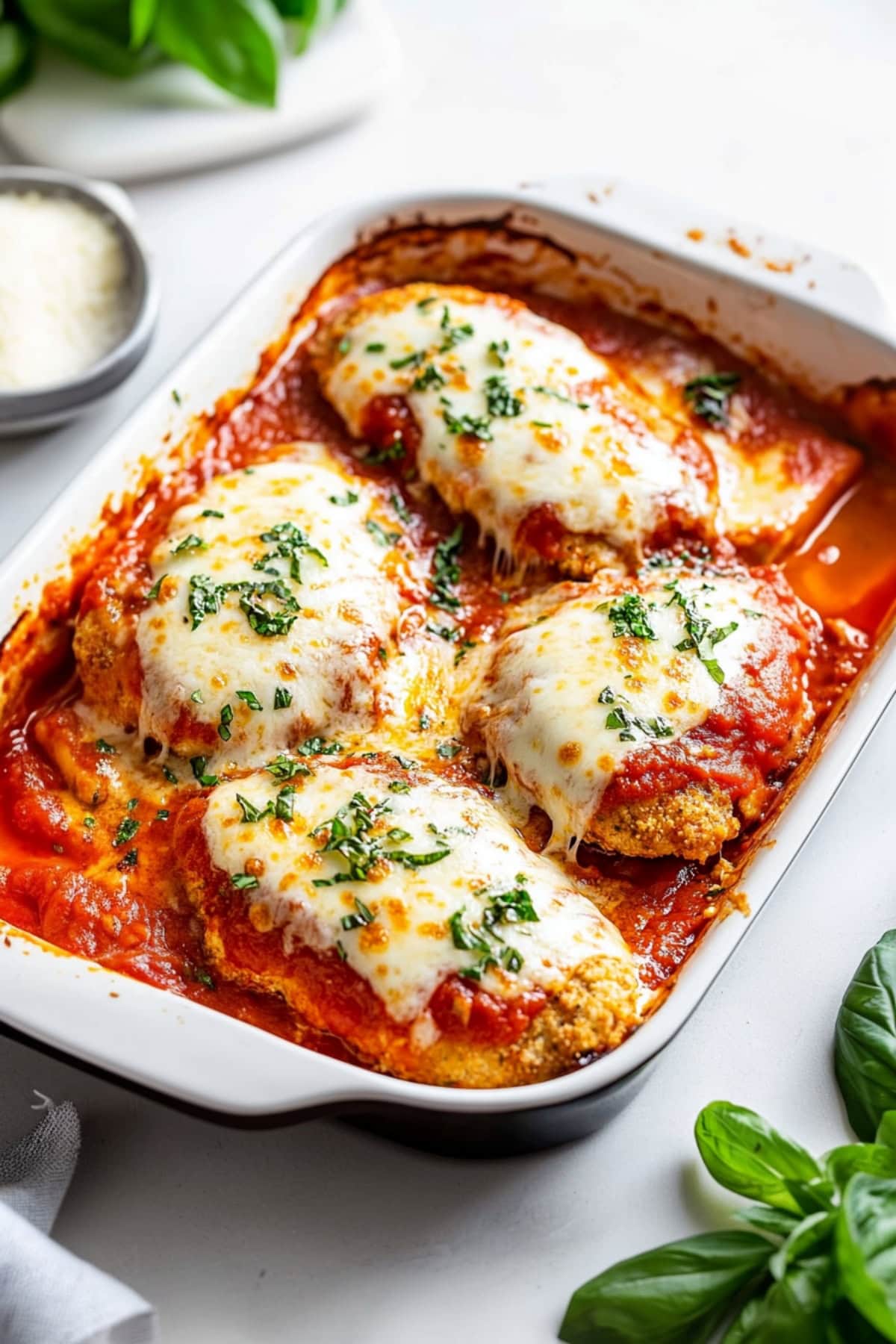 Homemade chicken parmesan with savory tomato sauce in a baking dish.