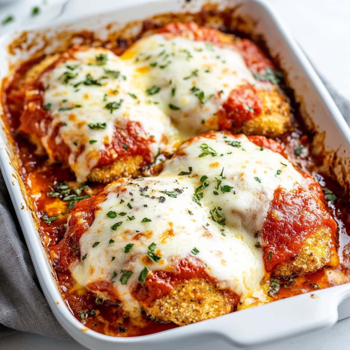 A mouthwatering chicken parmesan, featuring a golden crust, rich tomato sauce, and gooey cheese in a baking dish