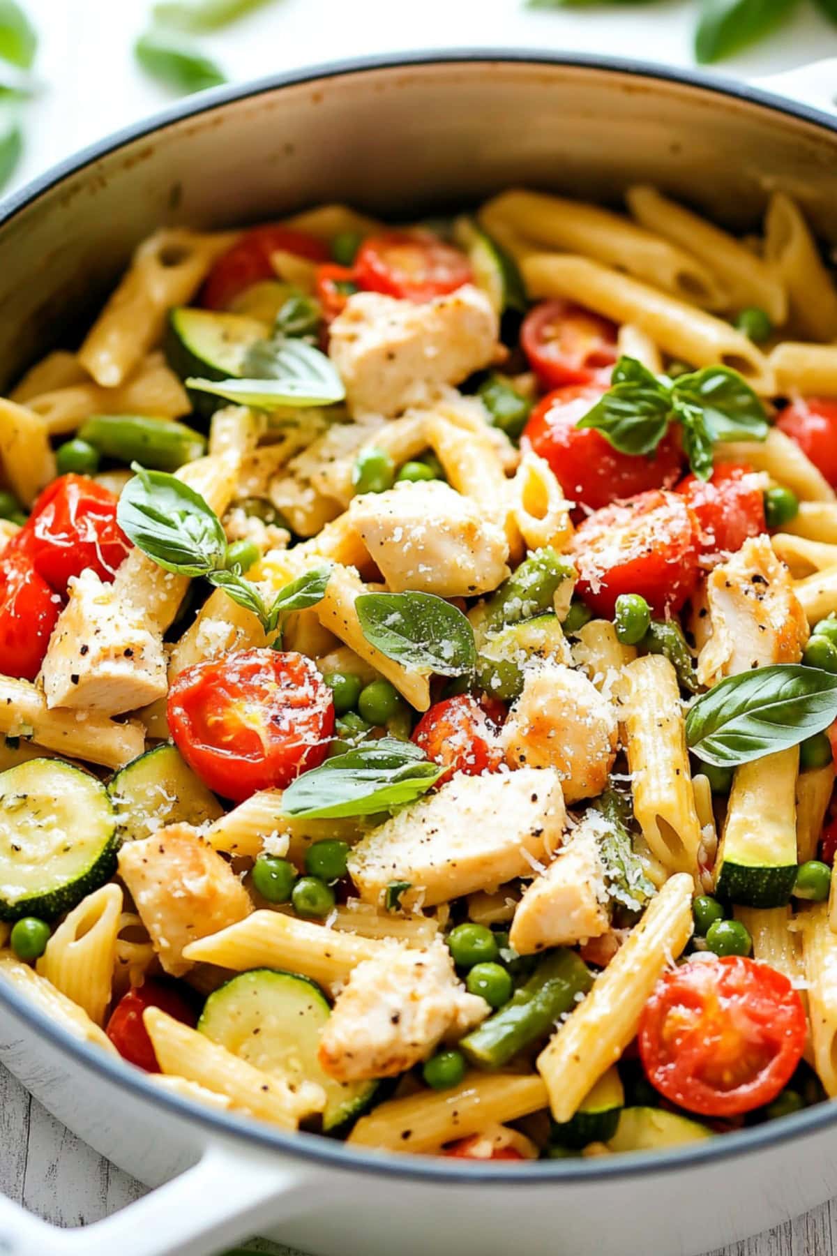 Chicken pasta primavera with peas and tomatoes in a large pot.