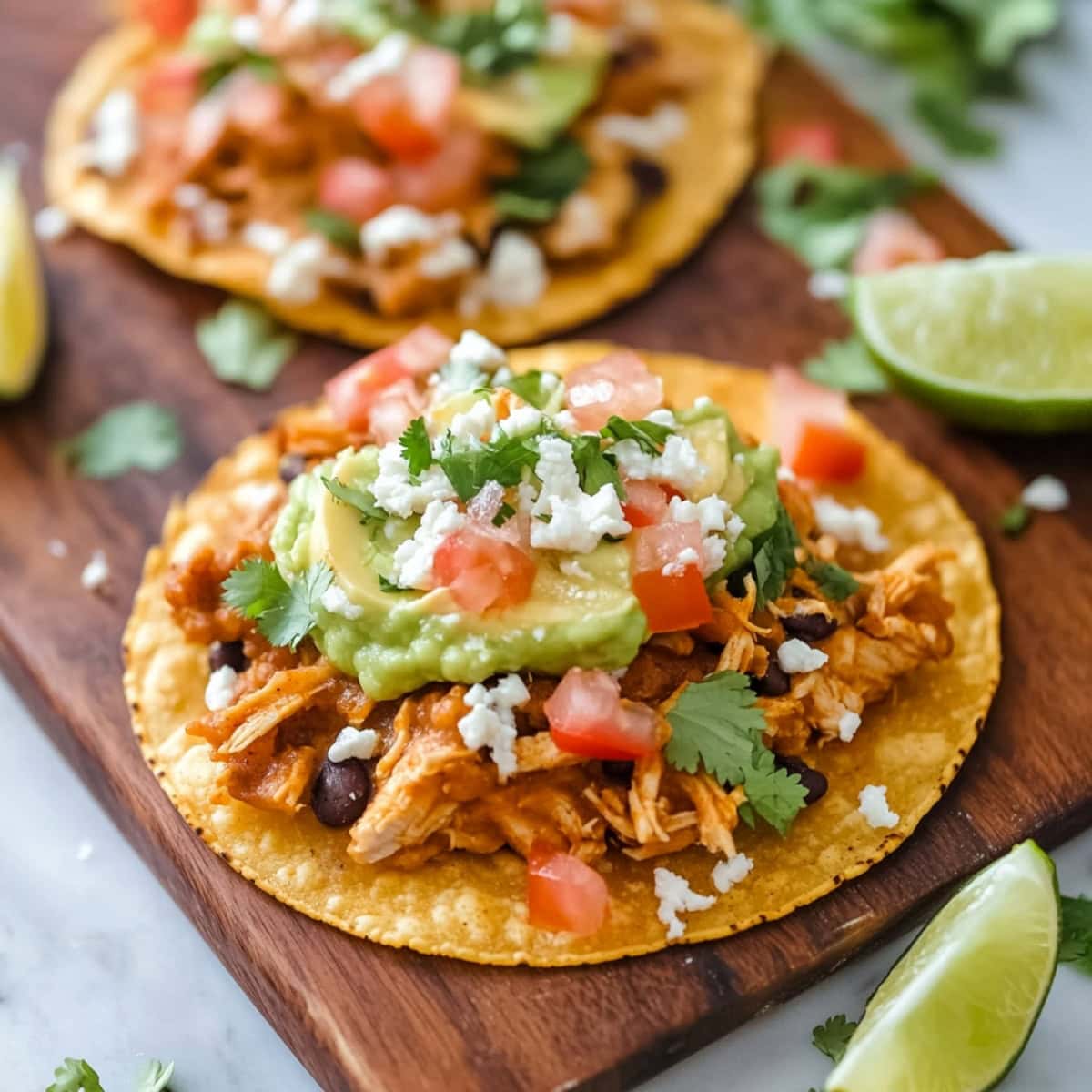 Chicken tostadas with Chicken tostados made with crispy corn tortilla topped with refried beans, mashed avocado, shredded chicken, lettuce, tomato, red onion, cotija cheese and cilantro arranged in a wooden board.