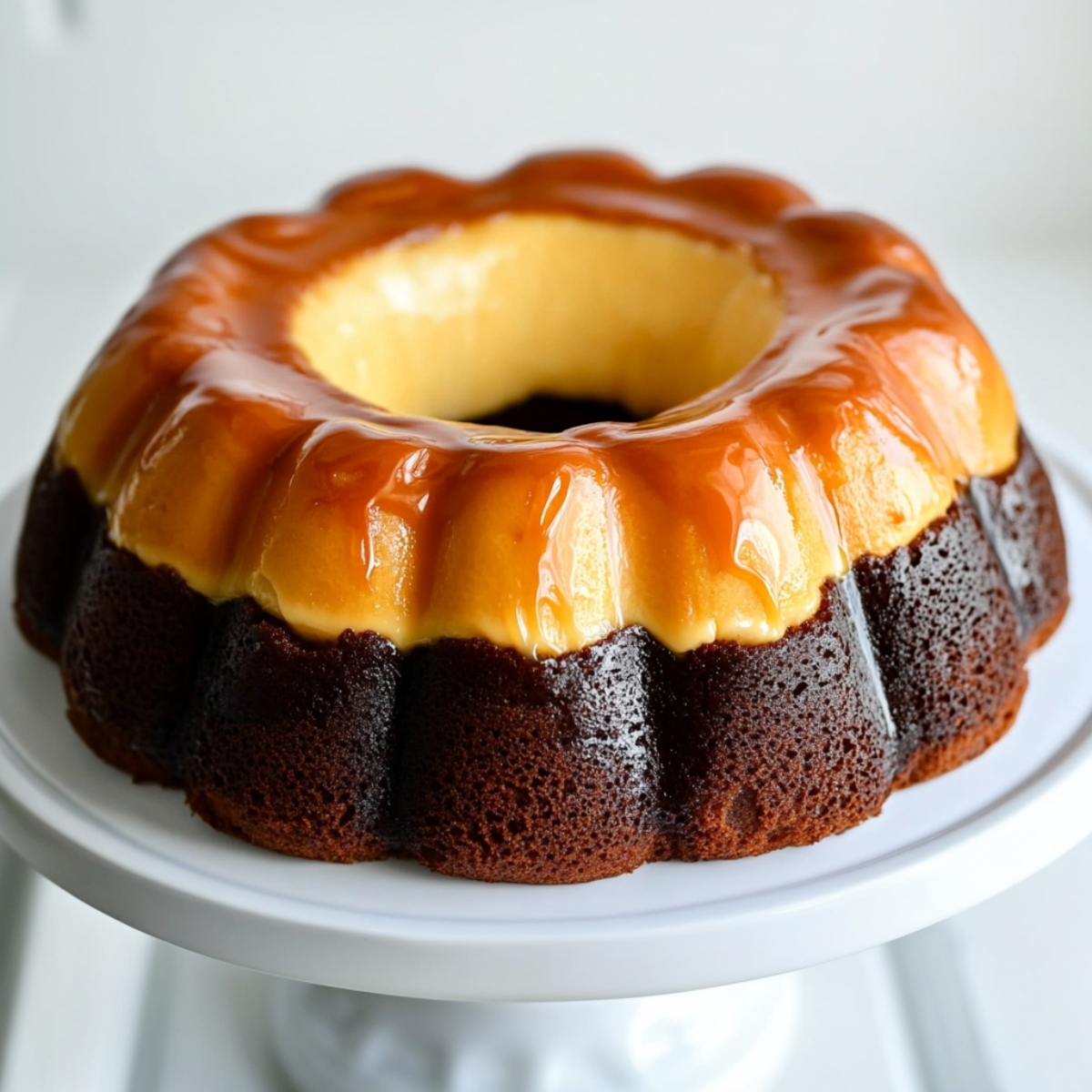 Chocoflan made with moist chocolate cake topped with silky flan sitting on a white cake stand.