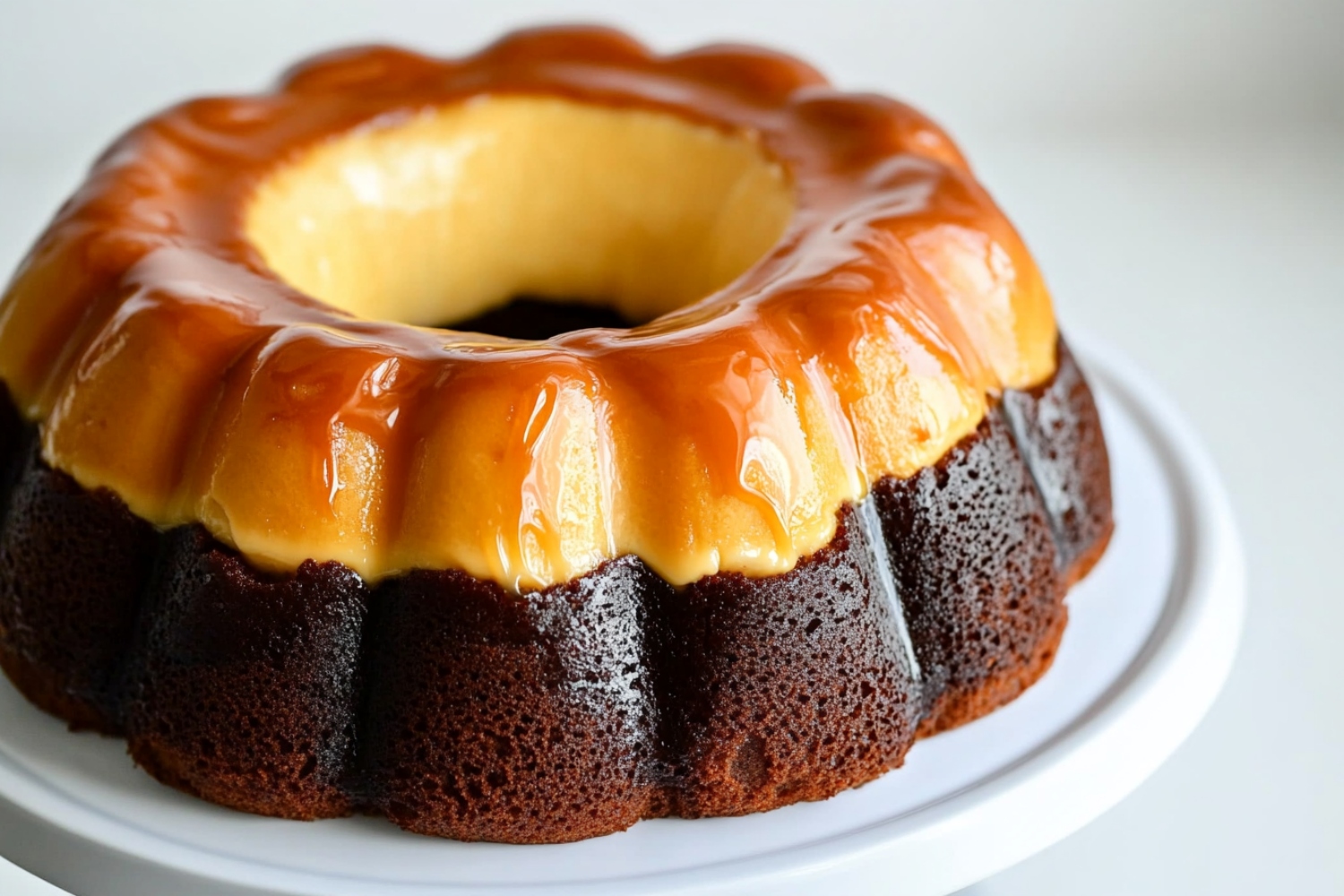 Chocoflan cake sitting on a cake tray.