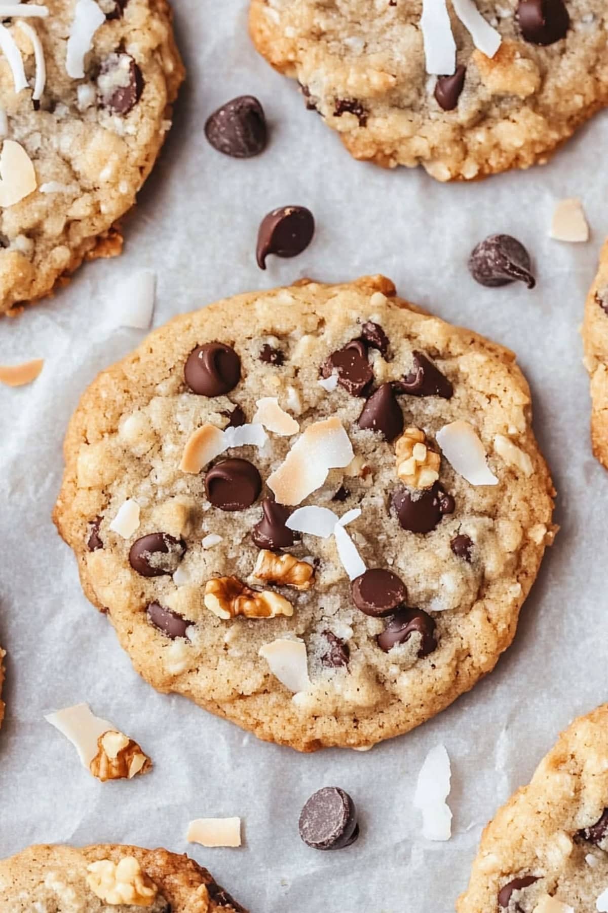 Homemade chocolate chip treasure cookies with coconut, graham cracker crumbs and nuts, top view, close up