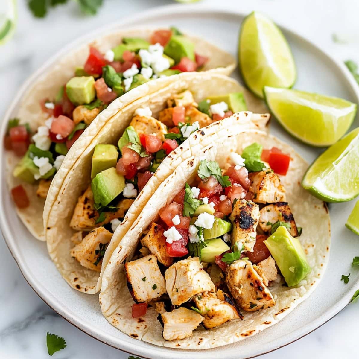 Cilantro lime chicken tacos with fresh cilantro, and avocado slices on soft tortillas.