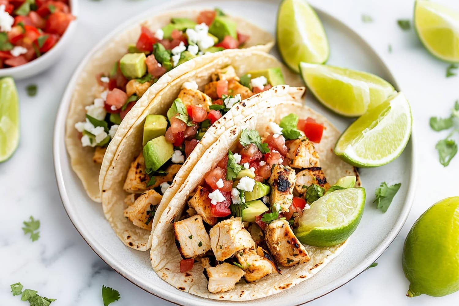 Three cilantro lime chicken tacos with diced tomatoes and cheese.