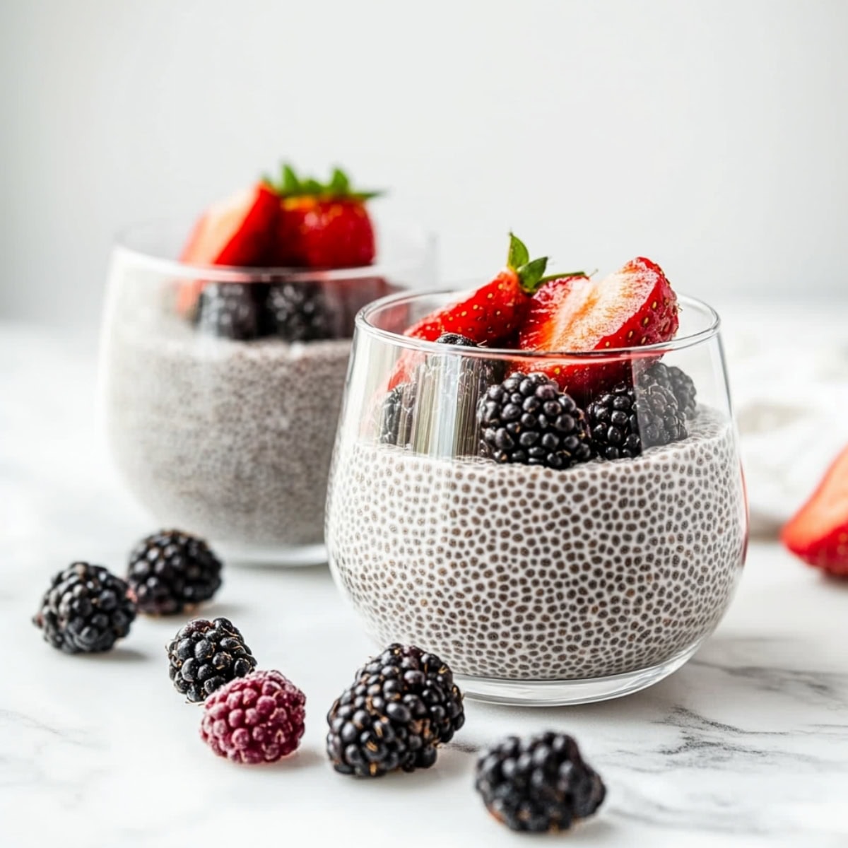 Coconut chia pudding with blackberries and strawberries
