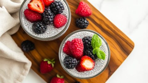 Creamy coconut chia pudding topped with fresh berries and mint