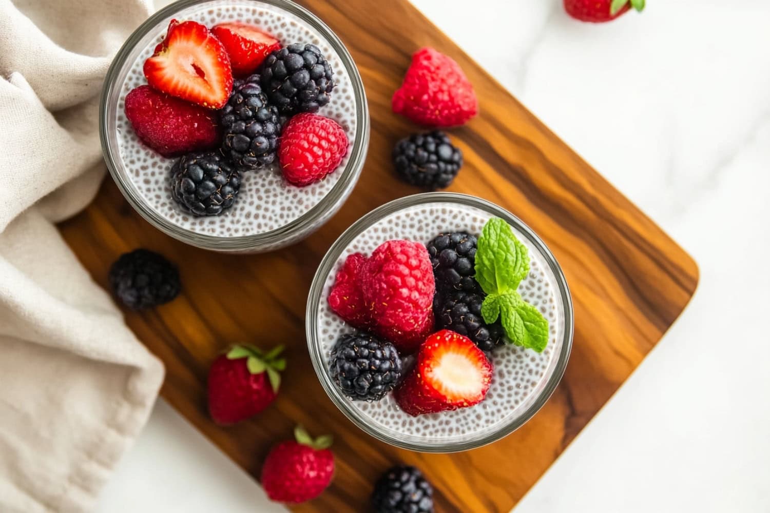 Creamy coconut chia pudding topped with fresh berries and mint