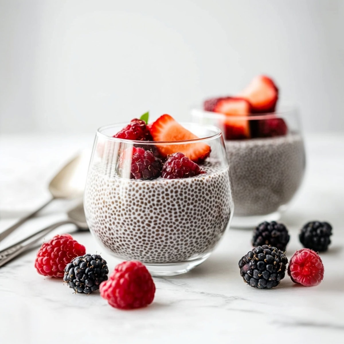 Two servings of creamy coconut chia pudding with berries in glasses