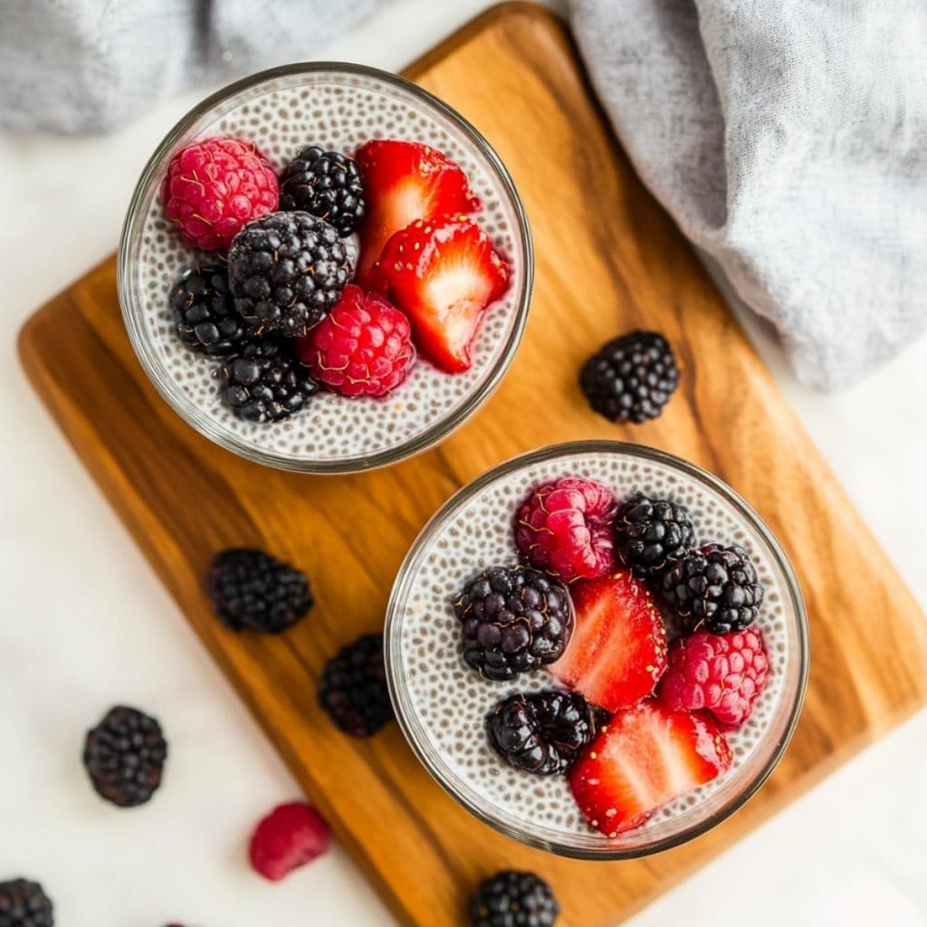 An overhead shot of a coconut chia pudding served with fresh berry fruits.