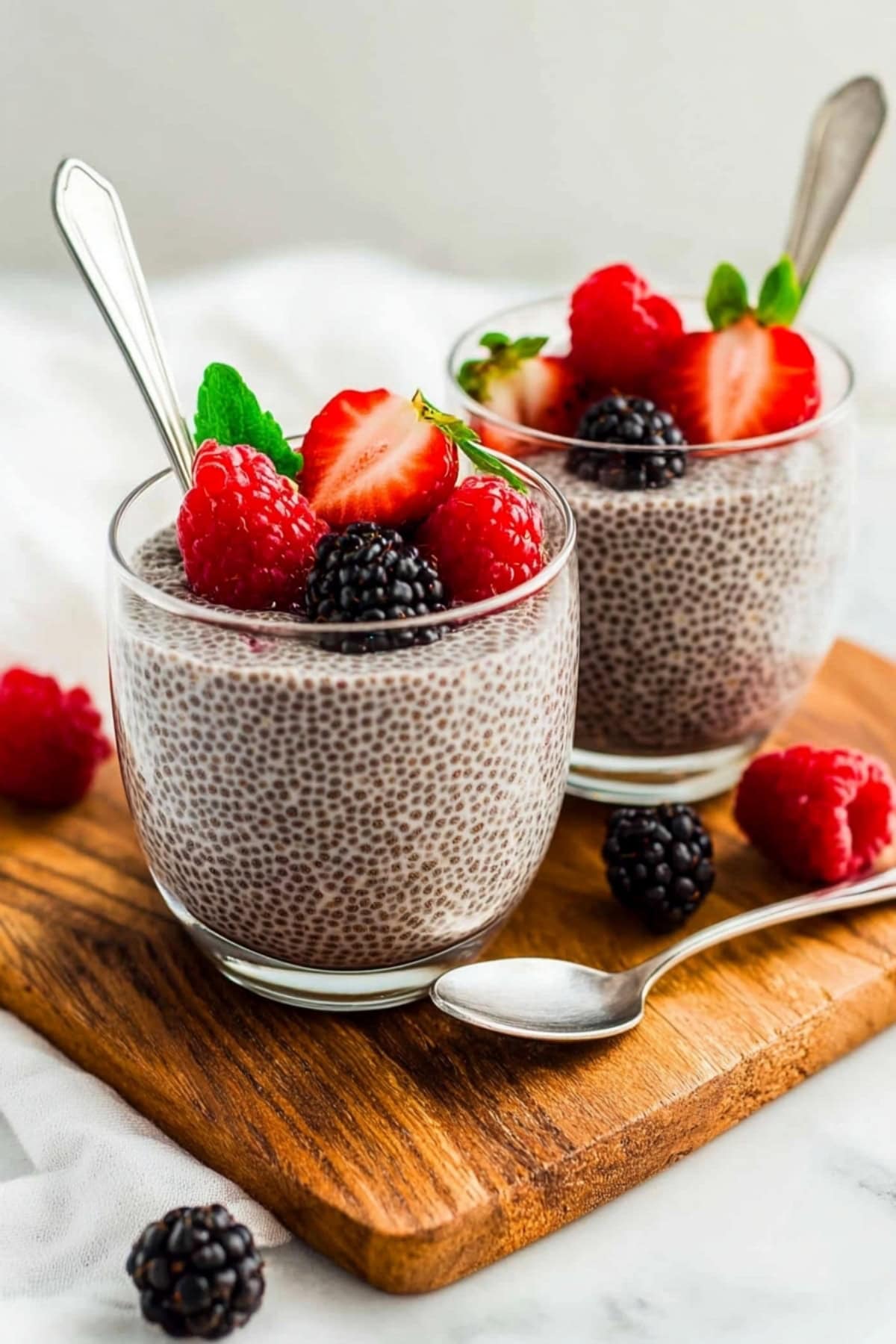 Creamy coconut chia pudding in serving glasses, topped with berries on a wooden board.