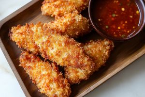 Crispy coconut chicken tenders garnished with cilantro, displayed on a serving tray.