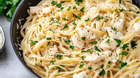 Crab pasta cooked in a skillet pan.