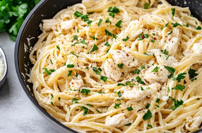 Crab pasta cooked in a skillet pan.