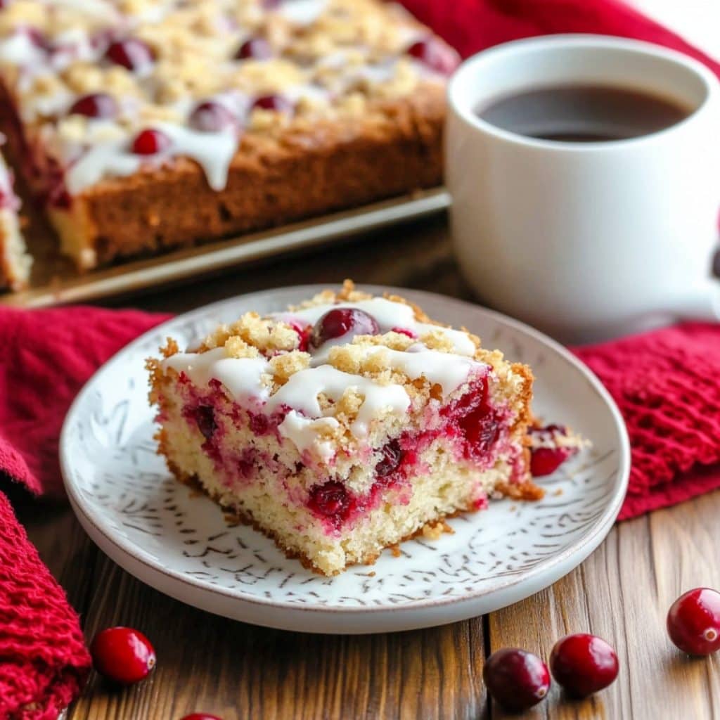 A slice of cranberry coffee cake with glaze on a plate with cup of coffee on the side.