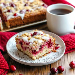 A slice of cranberry coffee cake in a plate with cup of coffee on the side.