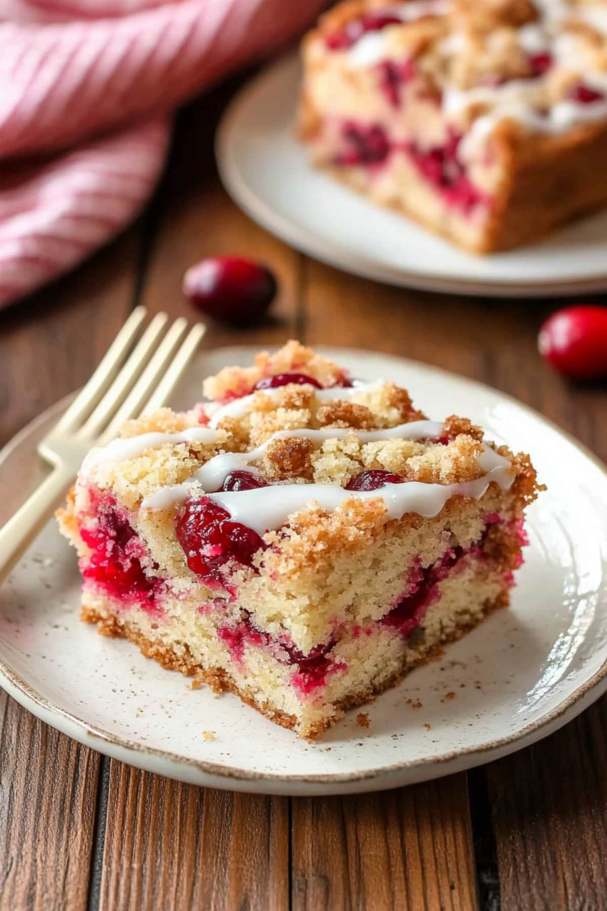 Square slice of cranberry coffee cake with orange glaze on a white plate sitting on a wooden table.