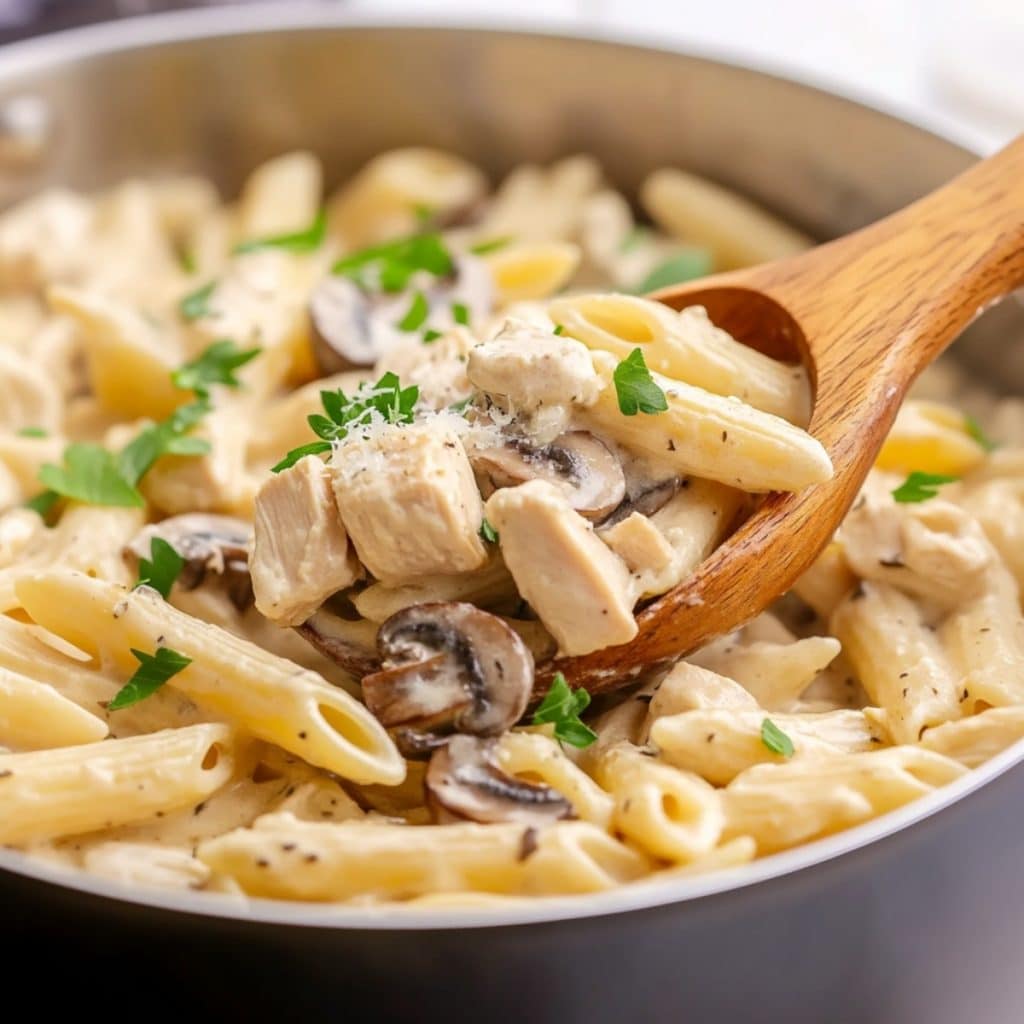 Wooden ladle lifting a serving of creamy chicken and mushroom pasta.