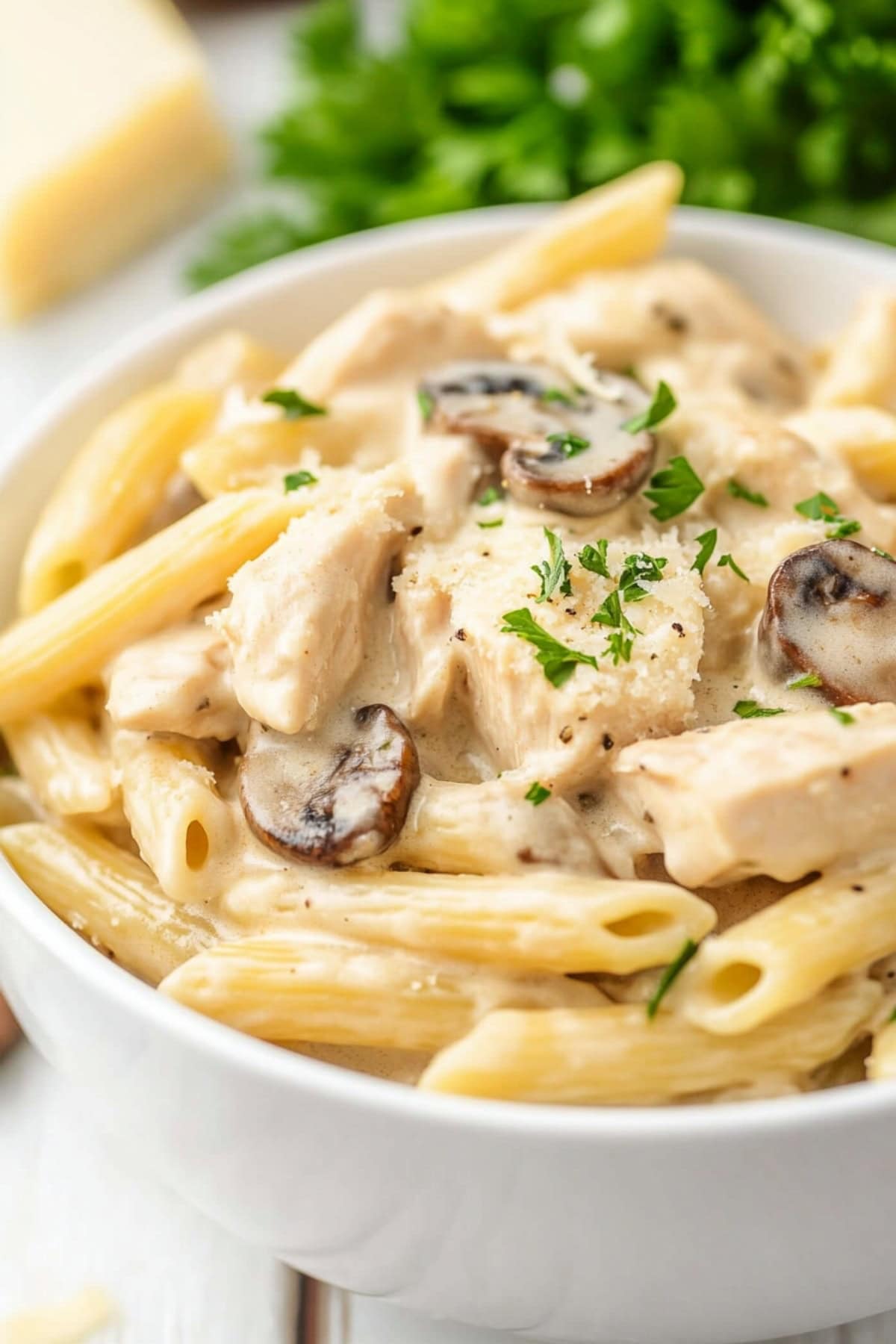 A serving of creamy chicken and mushroom pasta in a white bowl.