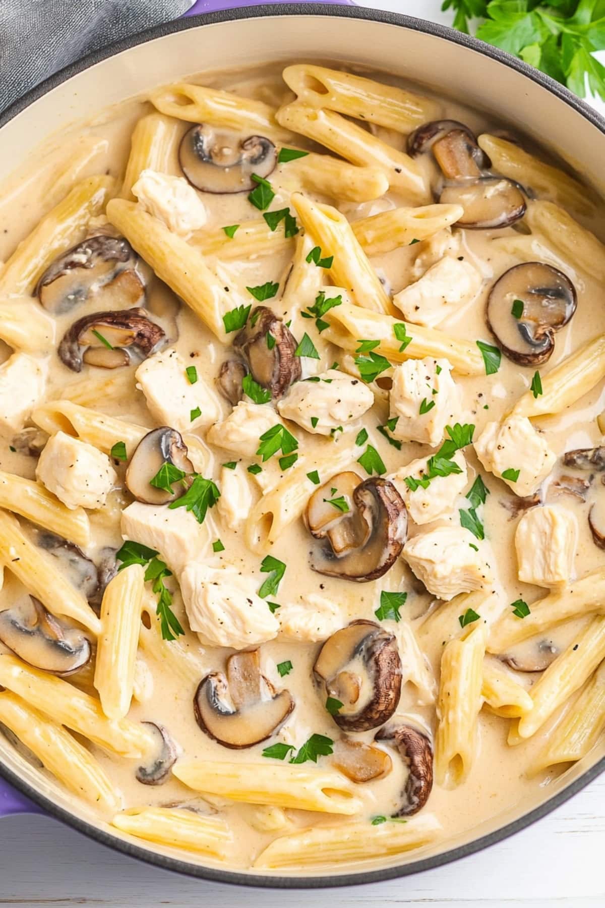 Creamy chicken and mushroom pasta in a skillet pan garnished with chopped parsley.