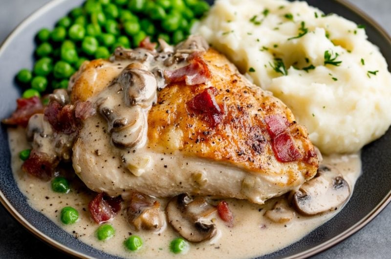 Creamy chicken mushroom served with mashed potato in a plate.