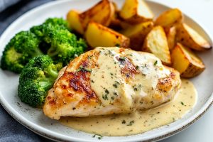 Creamy tarragon chicken in a plate with mashed potatoes and broccoli on the side, sprinkled with fresh herbs.