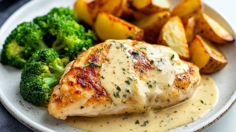 Creamy tarragon chicken in a plate with mashed potatoes and broccoli on the side, sprinkled with fresh herbs.