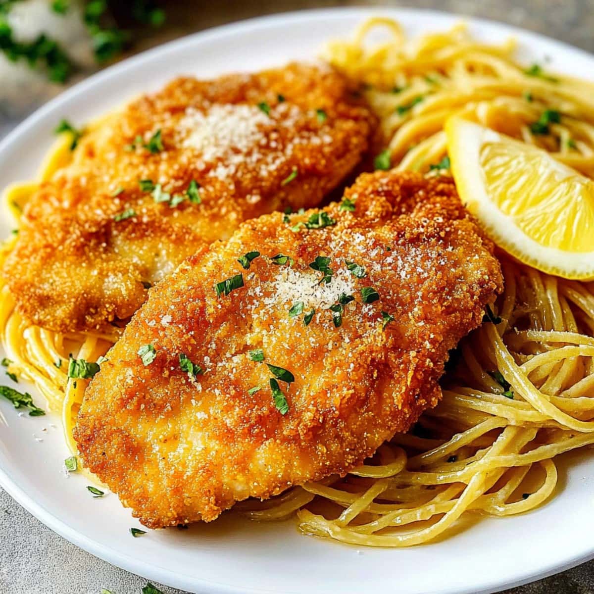 A plate of crusted chicken Romano with a golden, crispy coating, served alongside lemon wedges and parsley.