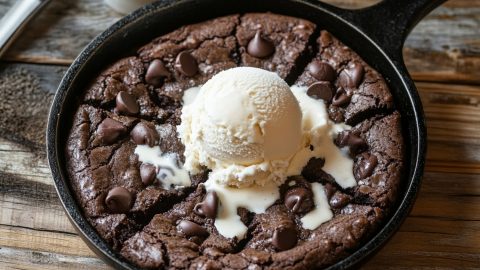 Double chocolate skillet cookie topped with a scoop of vanilla ice cream.