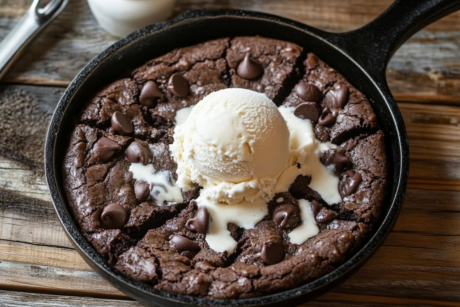 Double chocolate skillet cookie topped with a scoop of vanilla ice cream.