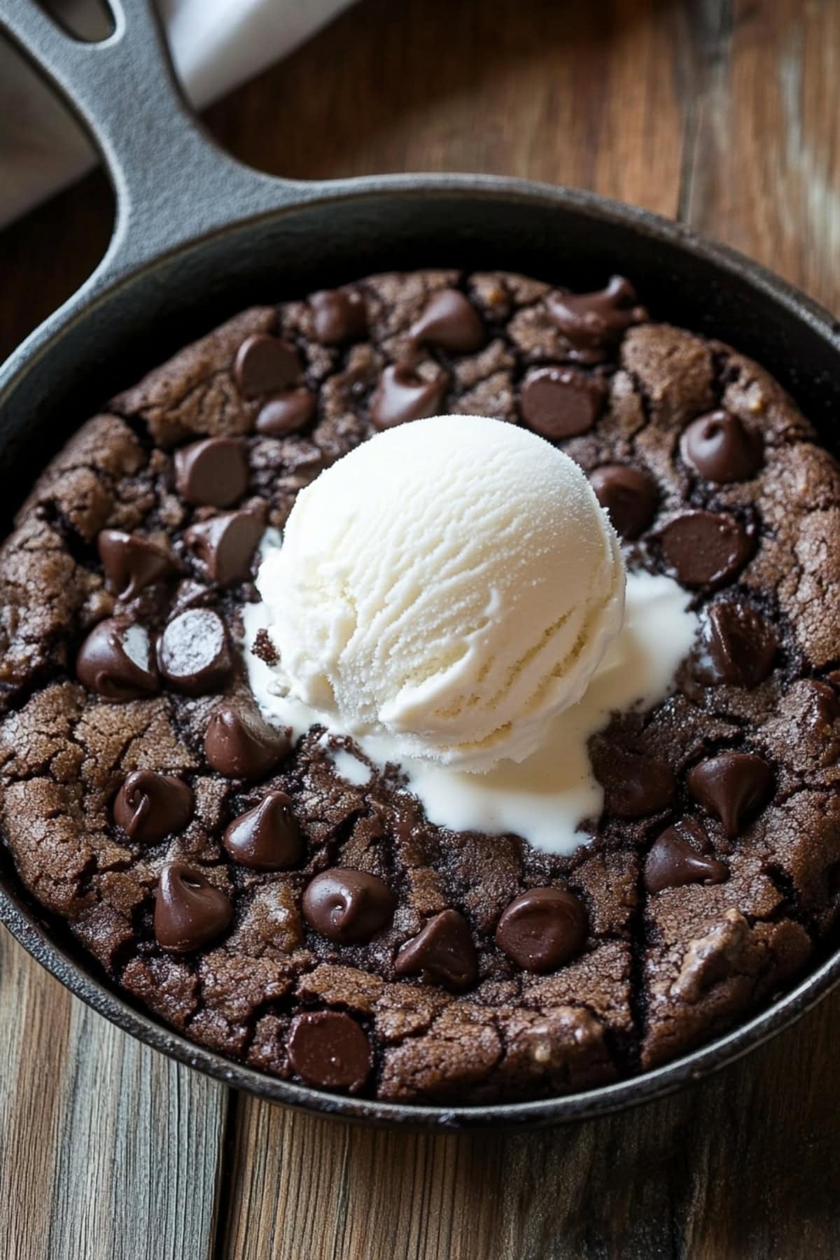 Double chocolatey cookie baked in a skillet topped with a scoop of vanilla ice cream. 