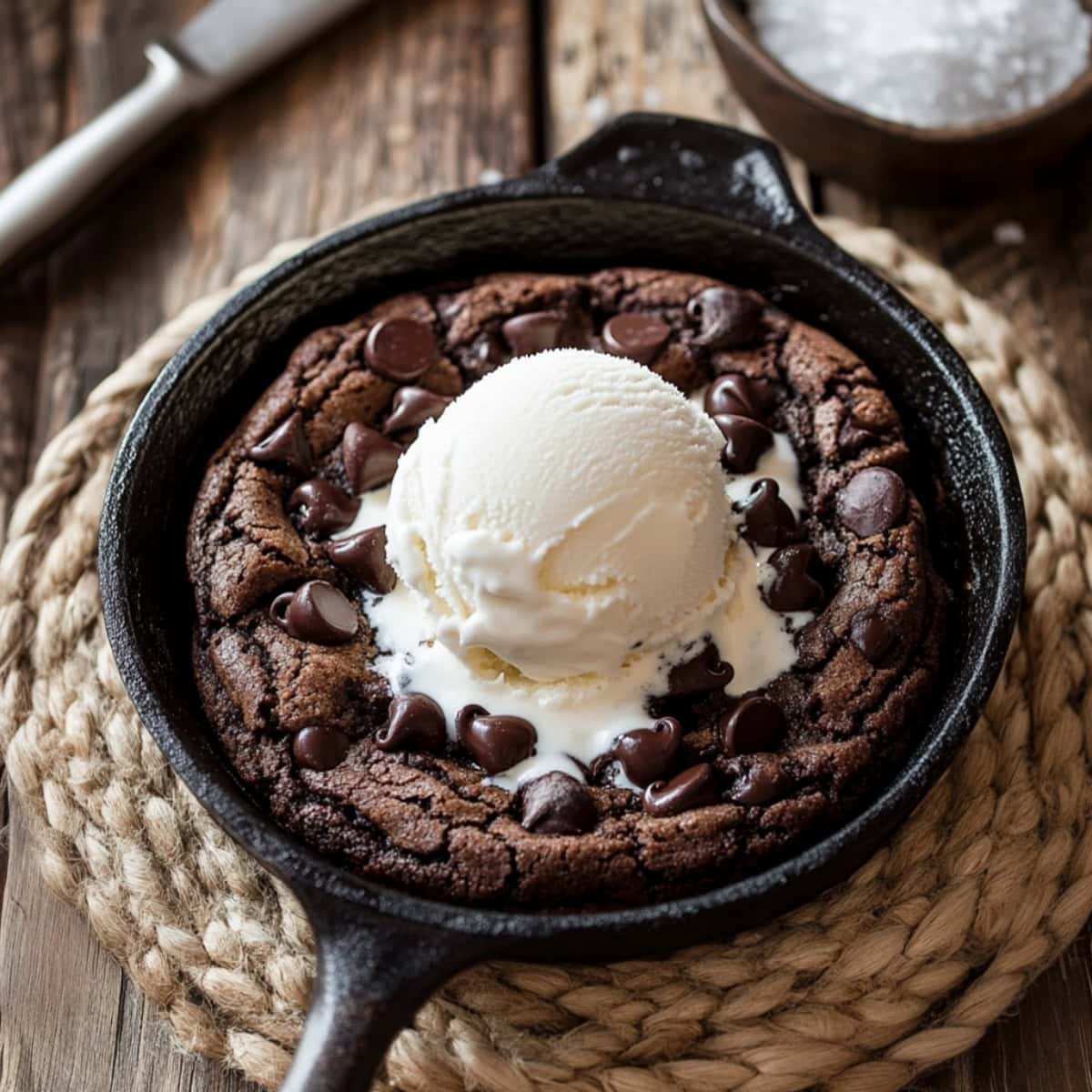 Double chocolate chip cookie in a skillet garnished with vanilla ice cream on top.