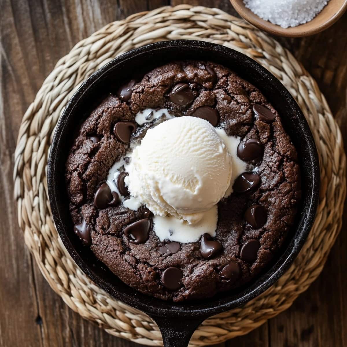 Double chocolate cookie cooked in a skillet garnished with vanilla ice cream. 