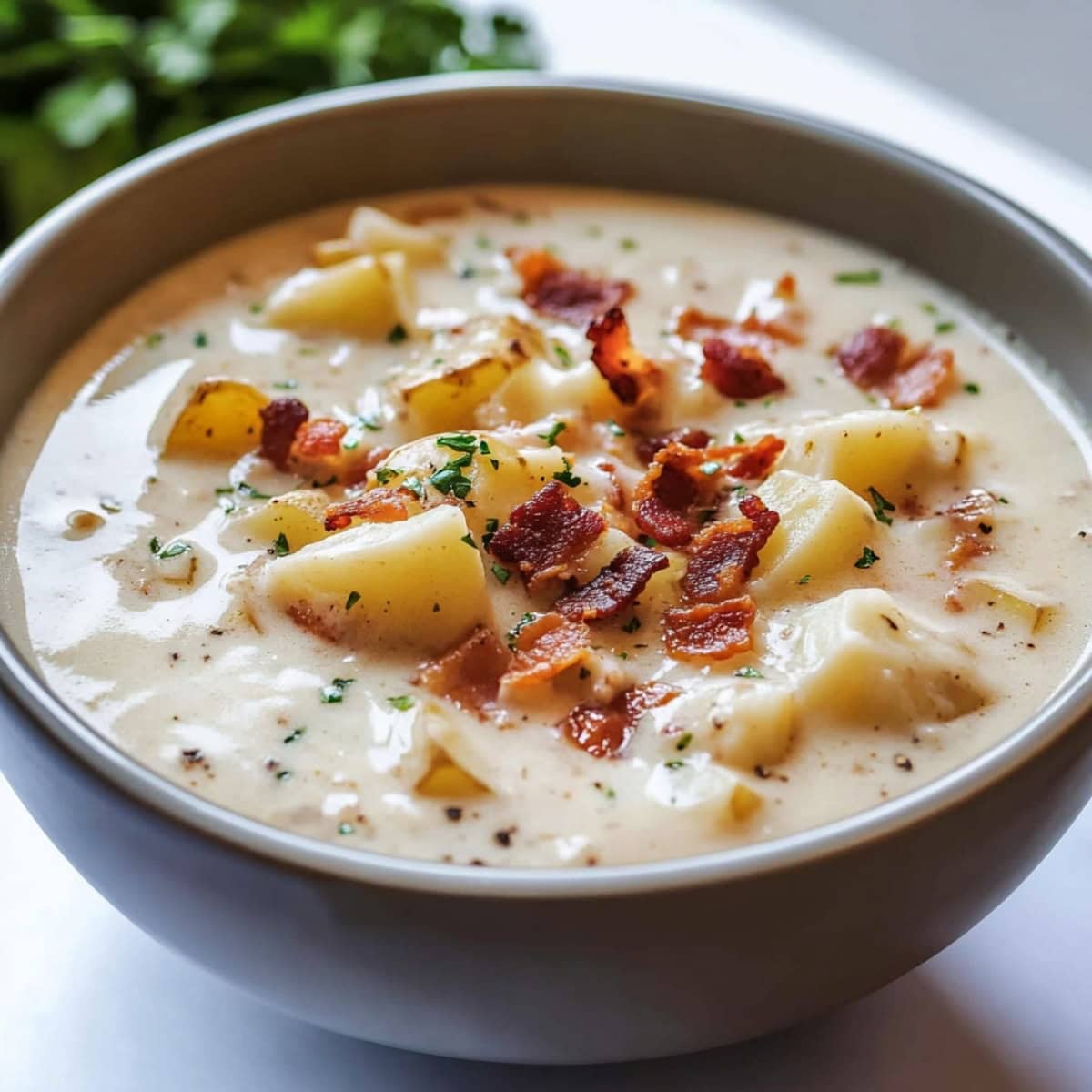 Easy and creamy homemade clam chowder in a bowl.