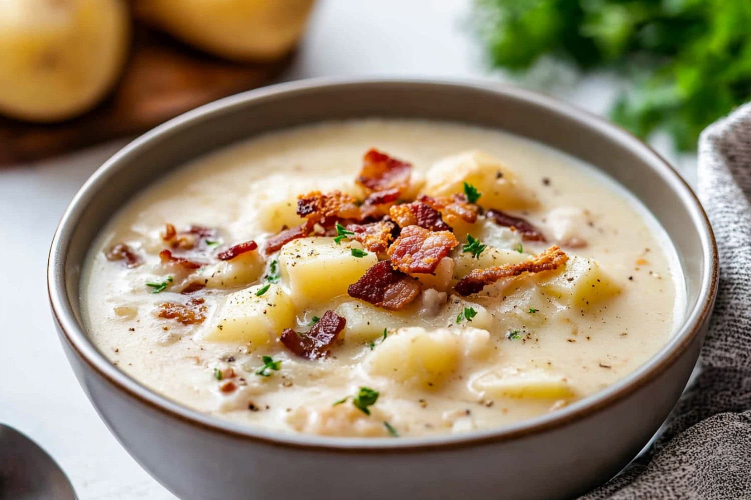 A comforting bowl of clam chowder with visible chunks and bacon bits.