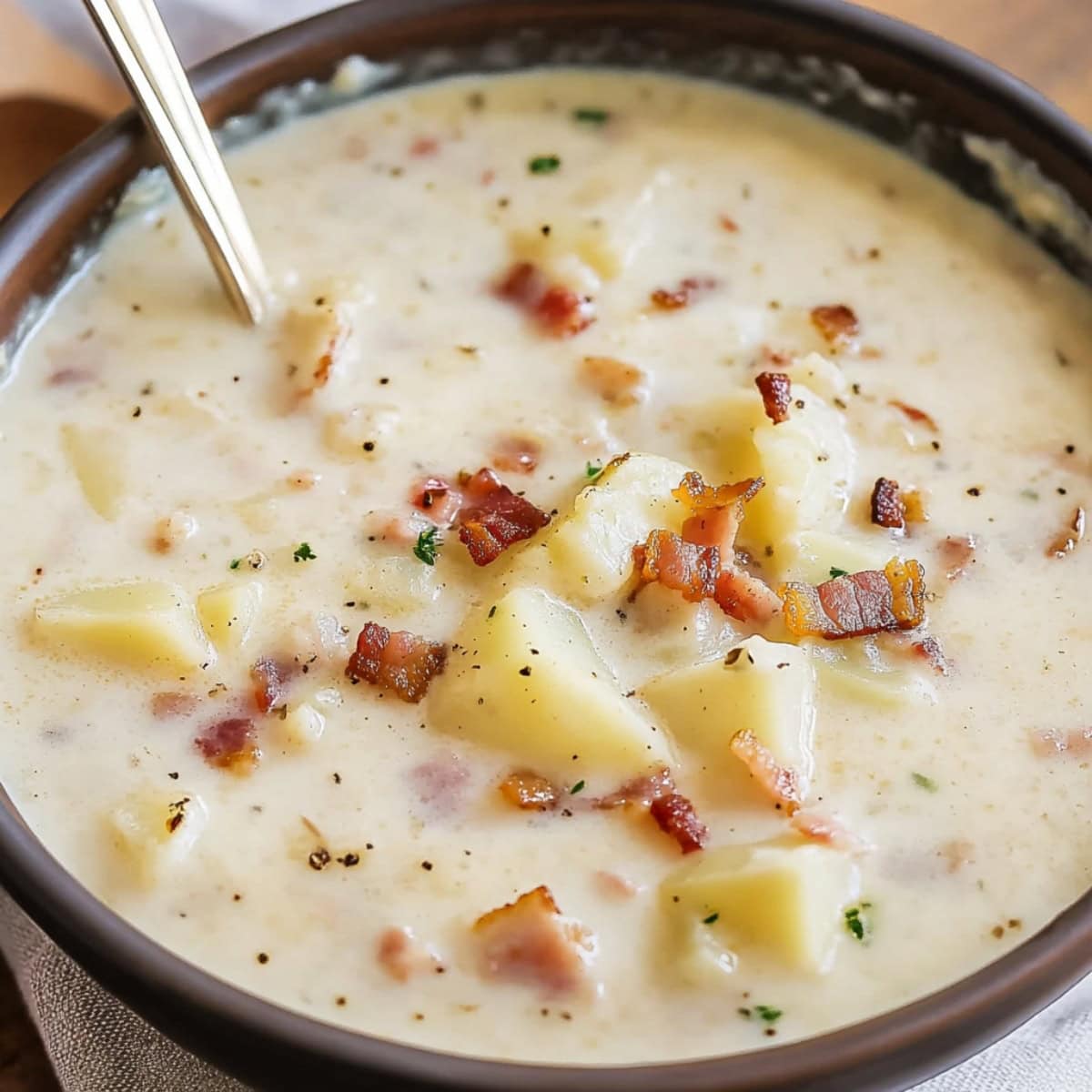 A creamy bowl of clam chowder with visible pieces of bacons and potatoes.