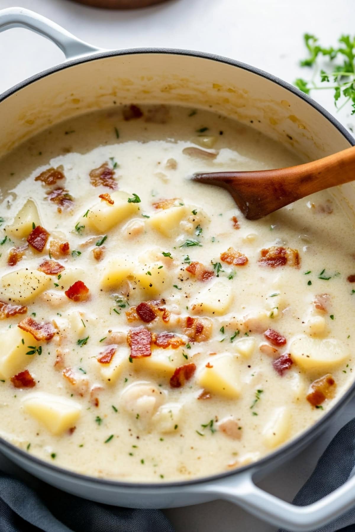 A pot filled with clam chowder, bacon bits, potatoes and herbs.