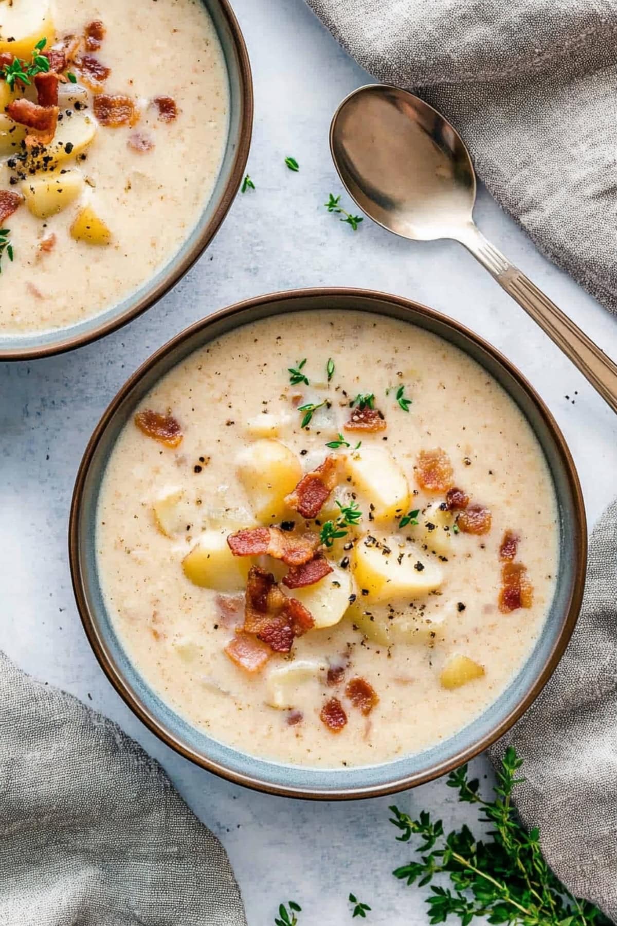 Two bowls of clam chowder with bacon and potatoes.