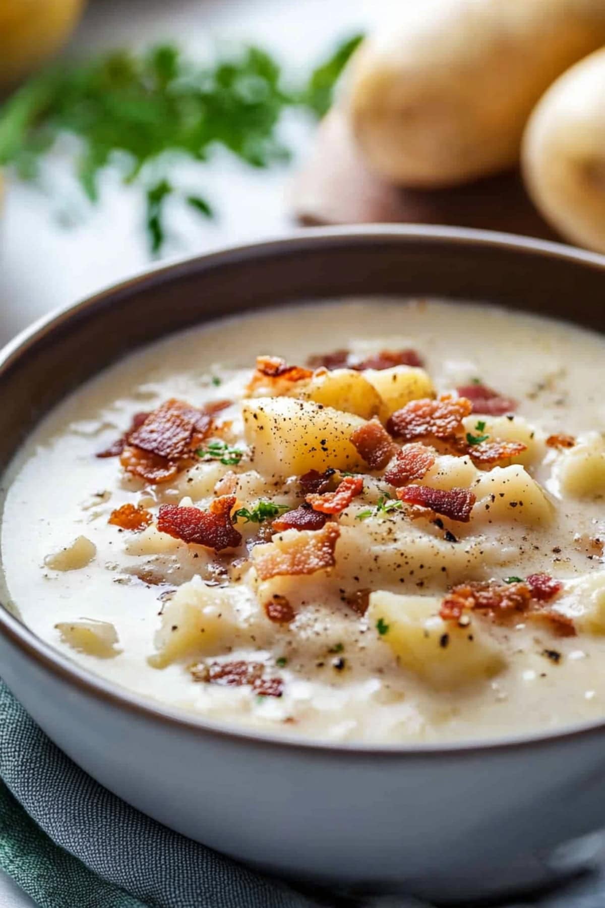 A hearty bowl of creamy clam chowder, topped with crispy bacon and fresh parsley.