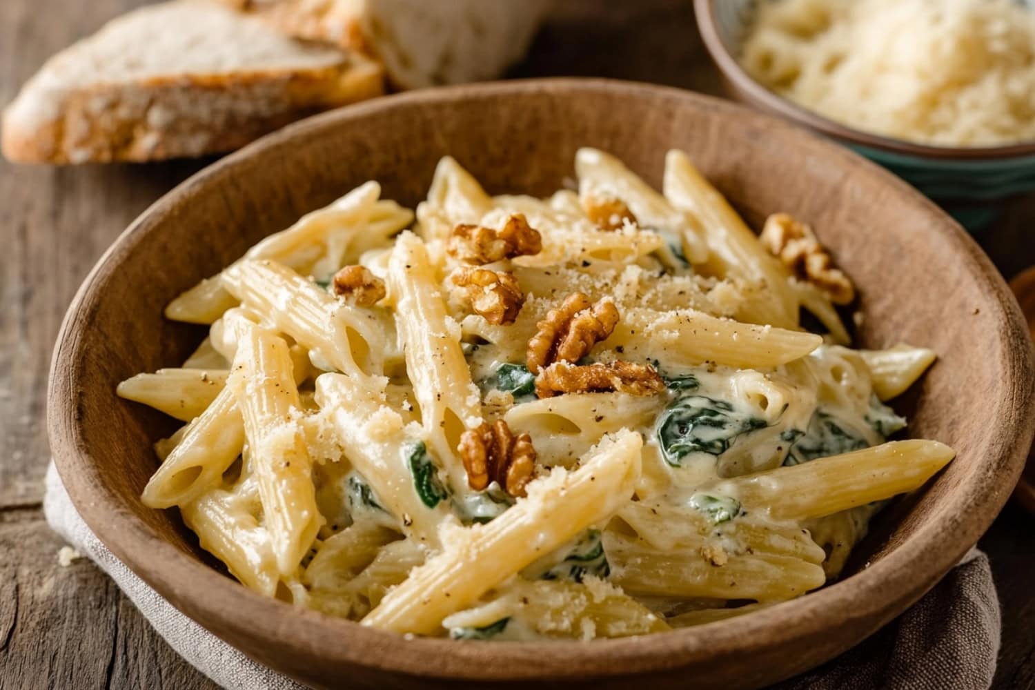 A bowl of Gorgonzola pasta with spinach, walnuts and grated parmesan, its sauce thick and creamy.