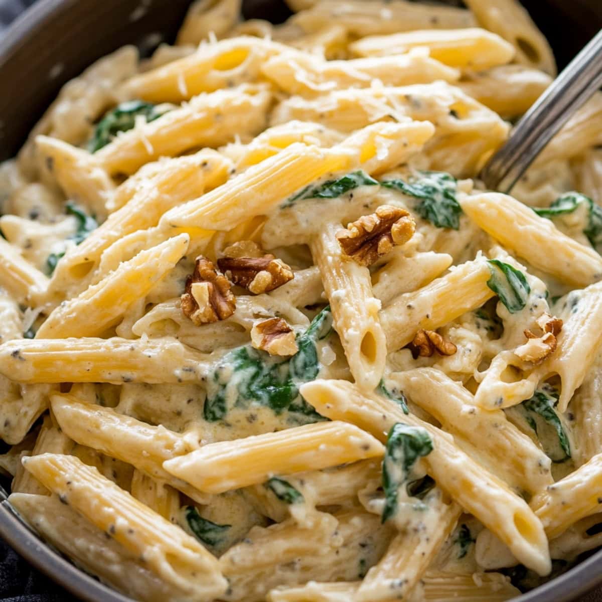 A close-up shot of Gorgonzola pasta in a bowl with chopped walnuts