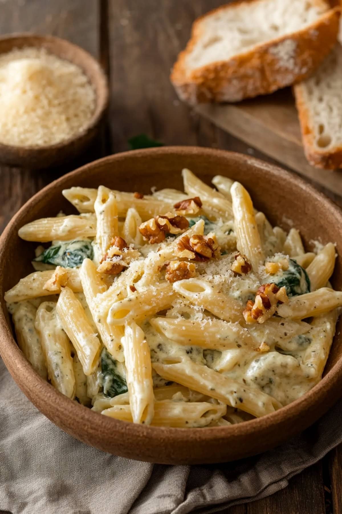 Gorgonzola pasta in a wooden bowl, served with bread and extra Parmesan cheese