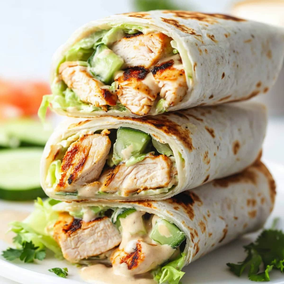 Close-up of a grilled chicken wrapwith lettuce and cucumber  inside a soft tortilla, ready to eat.