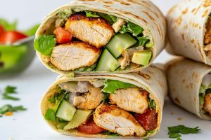 Soft tortilla wraps filled with grilled chicken, lettuce and tomatoes.