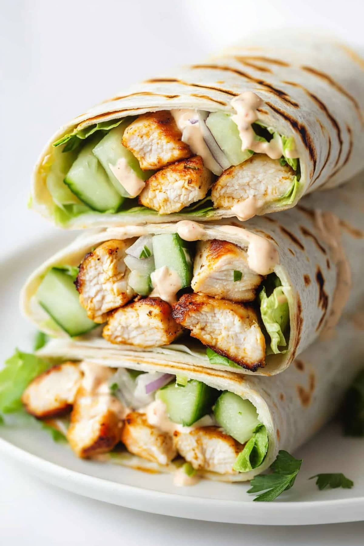 A hearty grilled chicken wrap with onions, cucumber and mayo.