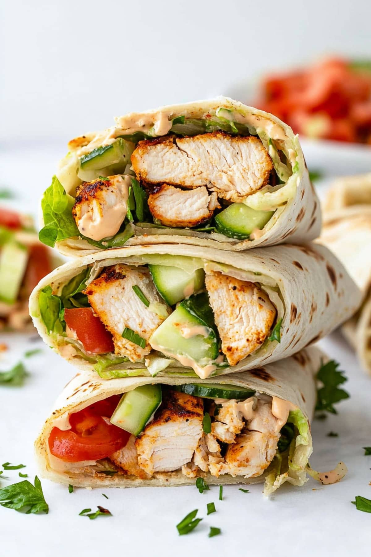 Grilled chicken wrap filled with lettuce, tomatoes and cucumbers.