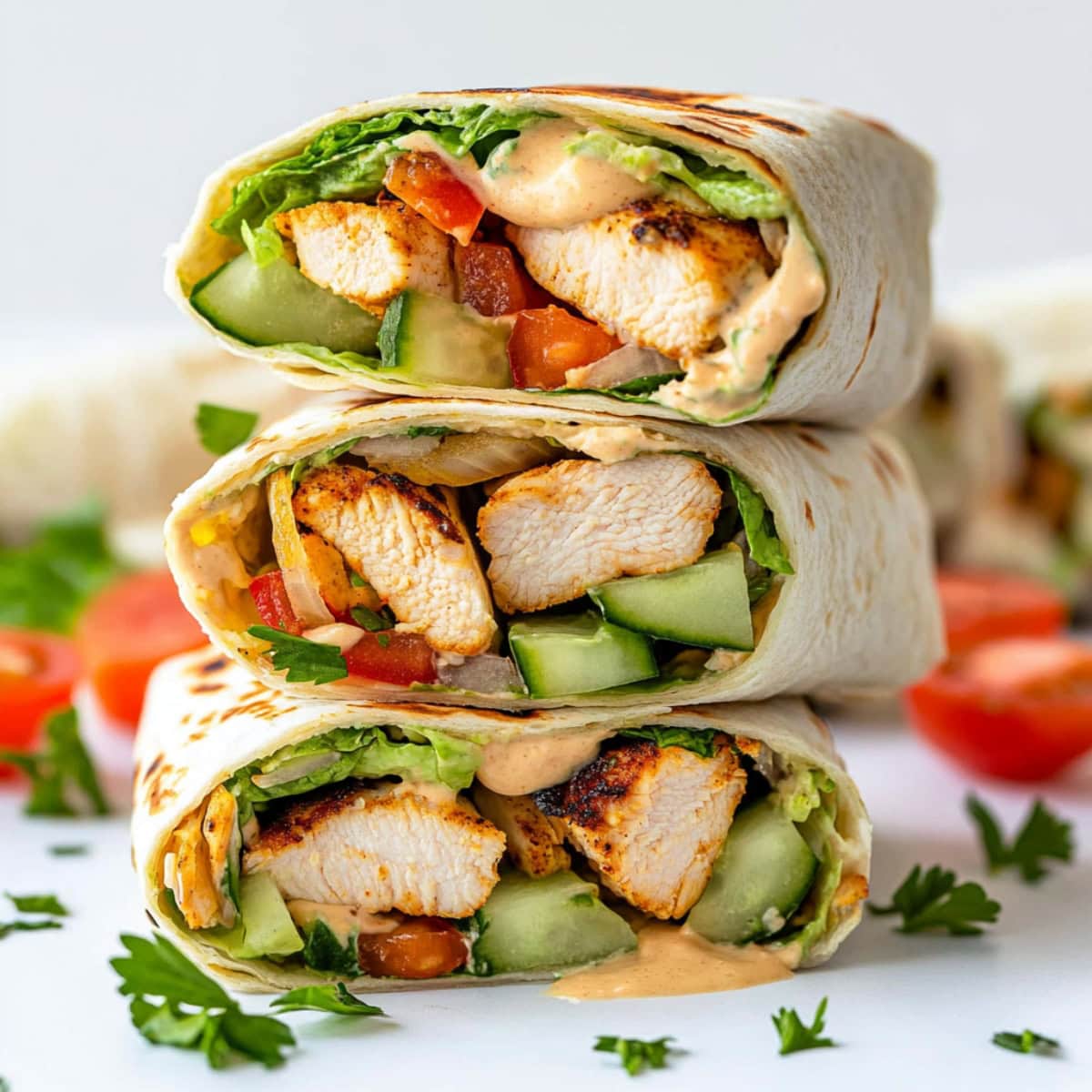 Stacked chicken wrap with fresh vegetables and lettuce.