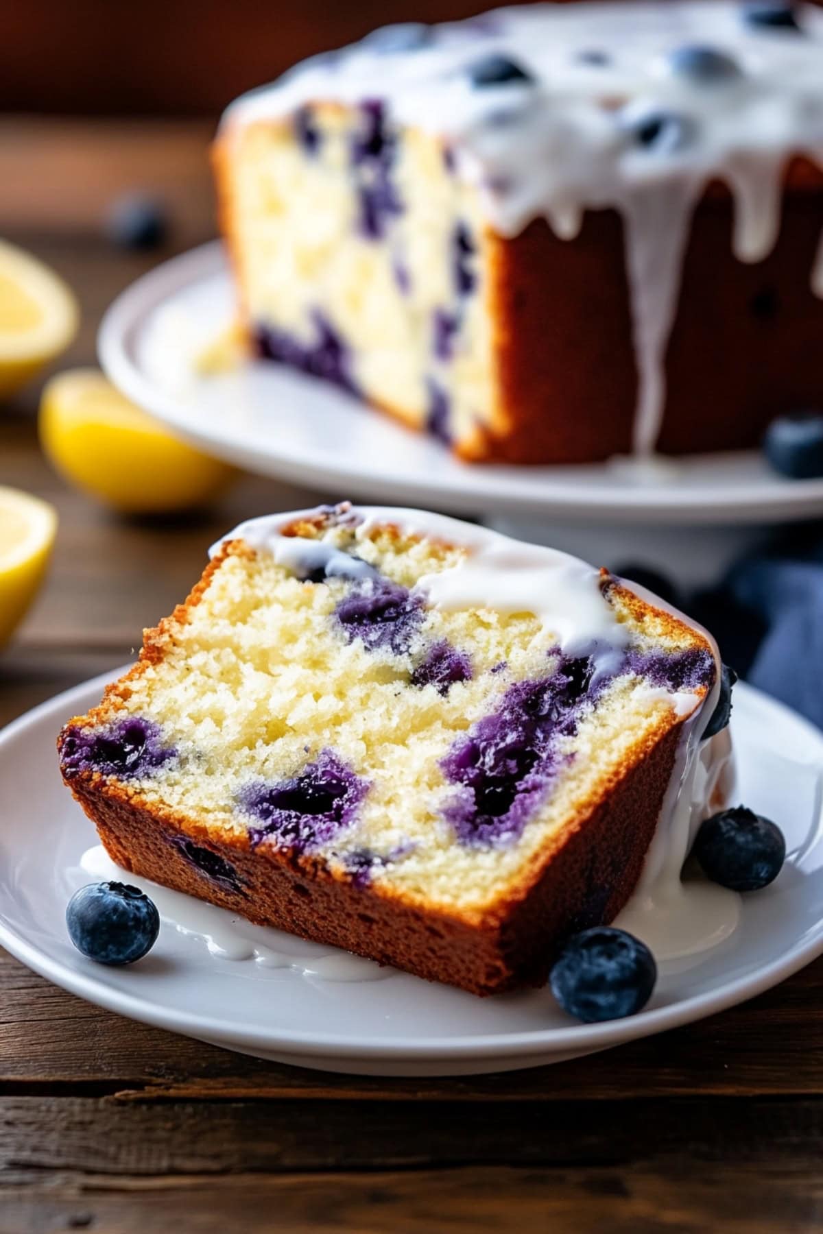 Blueberry yogurt loaf cake sliced on a plate with lemon glaze